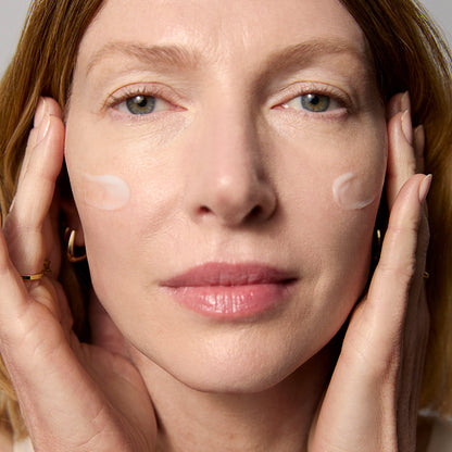 Model application showcasing the Tatcha Silk Cream
